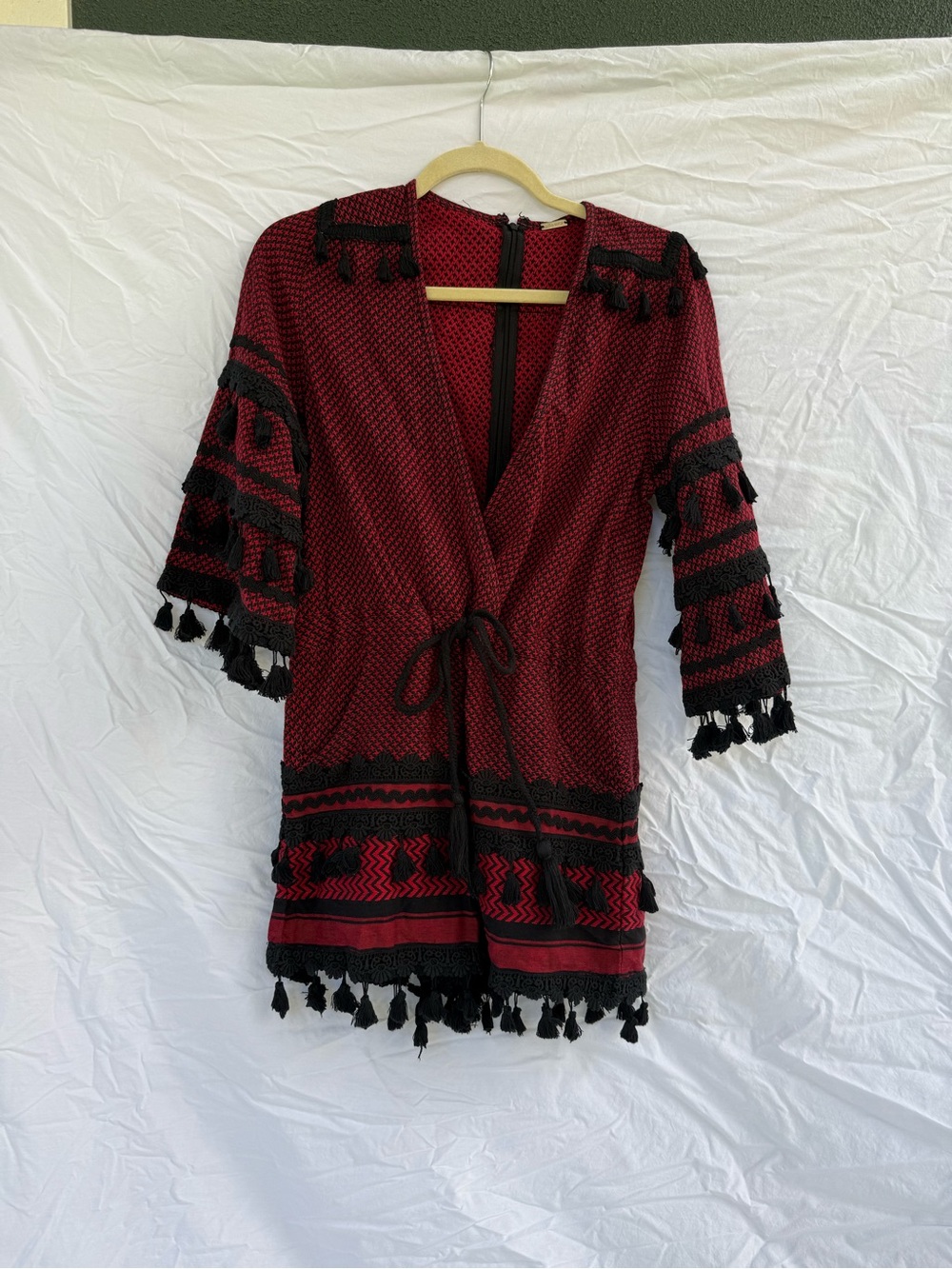 Dodo Bar Or Yefet Red and Black Tassel-Trim Women's Wrap Romper